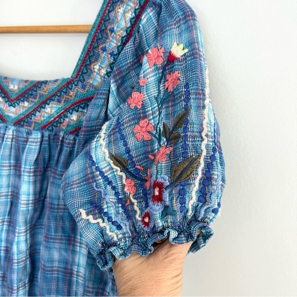 JOHNNY WAS Aimee Peasant Blue Multicolor Embroidery Puff Sleeves Top Shirt Sz M - Picture 12 of 16